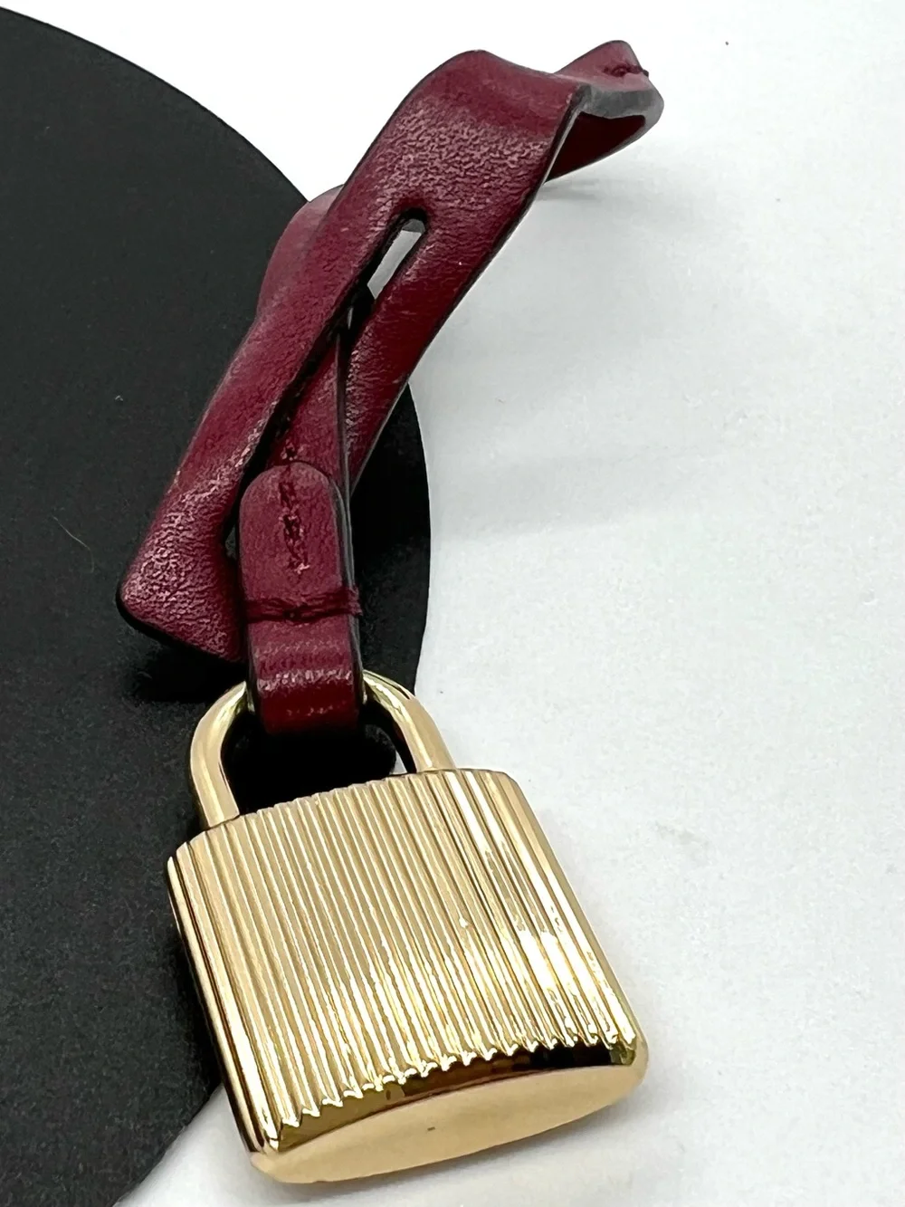 Michael Kors Gold Ribbed Padlock Bag Charm Burgundy Leather Key Ring Bag Charm
